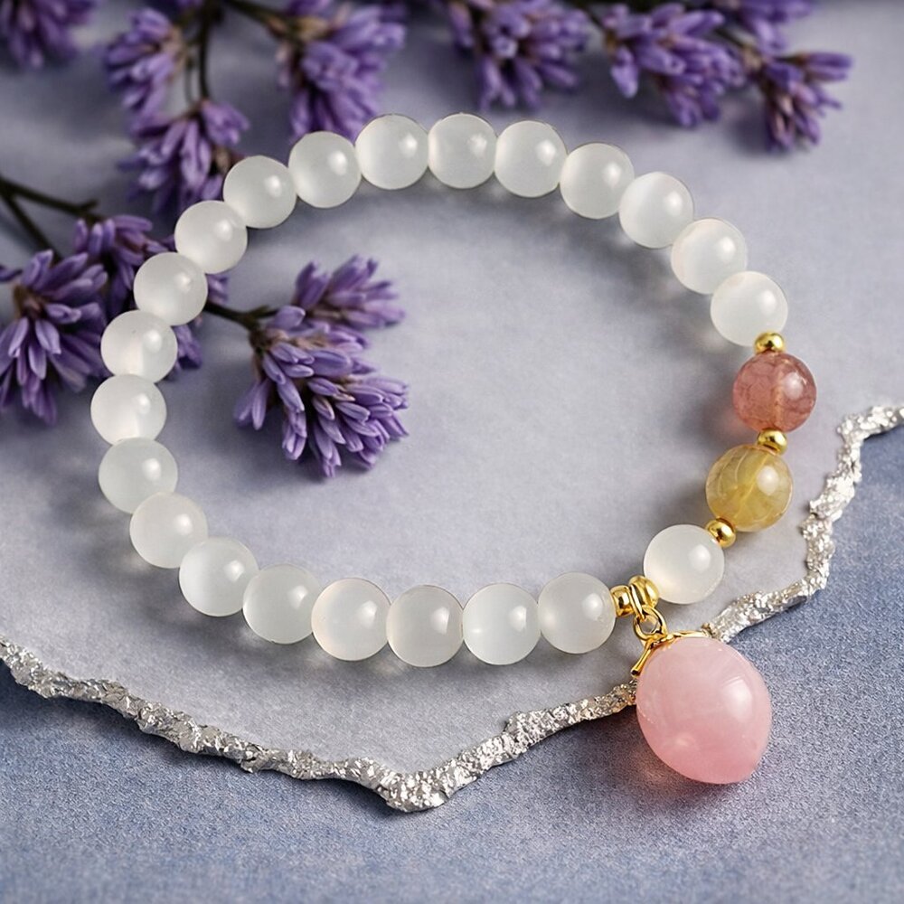 Natural Opal Beaded Bracelet Pink Peach Charm Gold Tone Stretchy Boho Minimalist